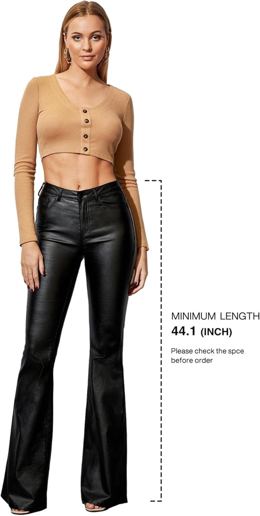 Women's Faux Leather Coated Flare Pants Mid Waist PU Skinny Black Leggings Bell Bottom Pants with Pockets