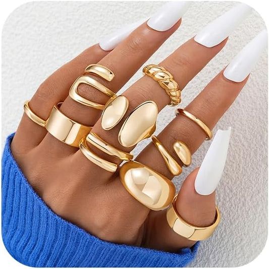 ÌF ME 10 PCS Gold Rings Set for Women Non Tarnish, 18K Gold Plated Chunky Stackable Rings, Statement Stacking Womens Ring Pack