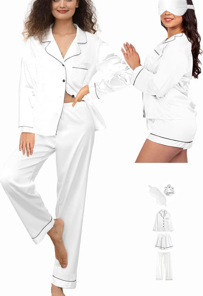 5Pcs XS-XXL Womens Silk Satin Pajamas Sets Long Pj Sets Button Down Pjs Set Loungewear Sleepwear