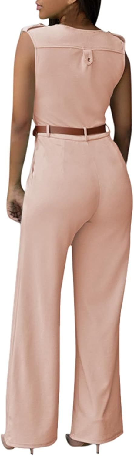 Pink Queen Jumpsuits for Women Dressy V Neck Sleeveless Wide Leg Long Pants Rompers