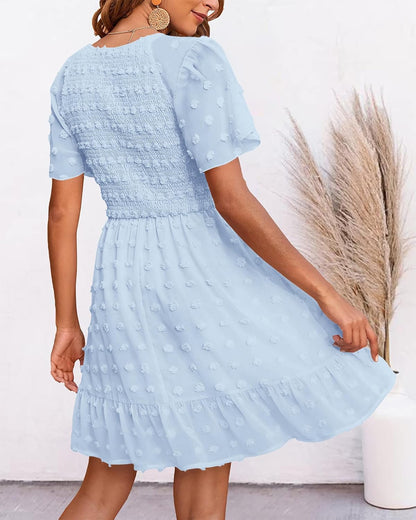 BTFBM Womens Beach Vacation Dress Summer 2025 V Neck Short Sleeve Smocked Swiss Dot Cute Ruffle Casual Fall Mini Dresses
