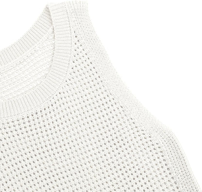 Womens Knit Sweater Vest Summer Tank Tops Round Neck Crochet Hollow Out Sleeveless Crop Top