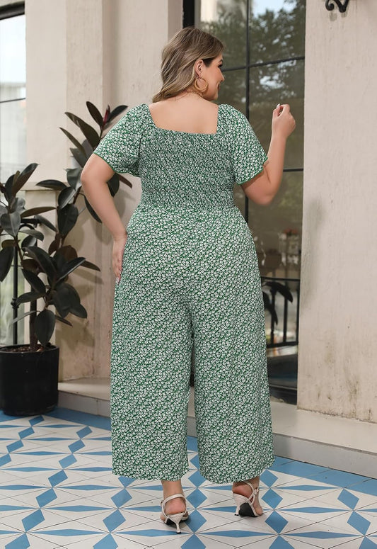 Nemidor Womens Plus Size Casual Long Pant Jumpsuits Summer Print Ruffle Sleeve Smocked Waisted Romper with Pocket 16-26