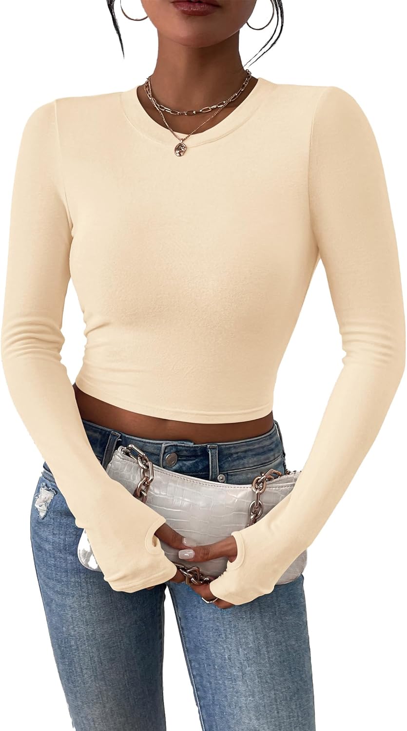 PRETTYGARDEN Women's Long Sleeve Crop Tops Y2K Spring Fall Fashion Clothes Basic Slim Fit Tee Shirts Blouse