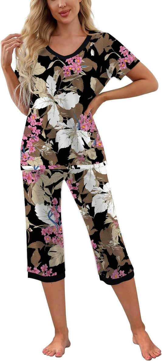PrinStory Women's Pajama Set Short Sleeve Shirt and Capri Pants Sleepwear Pjs Sets with Pockets