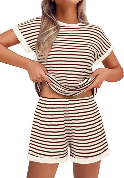 Ekouaer Waffle Knit Lounge Set Women Stripe Pajama Sets Short Sleeve Pj Tops and Shorts Matching loungewear with Pockets