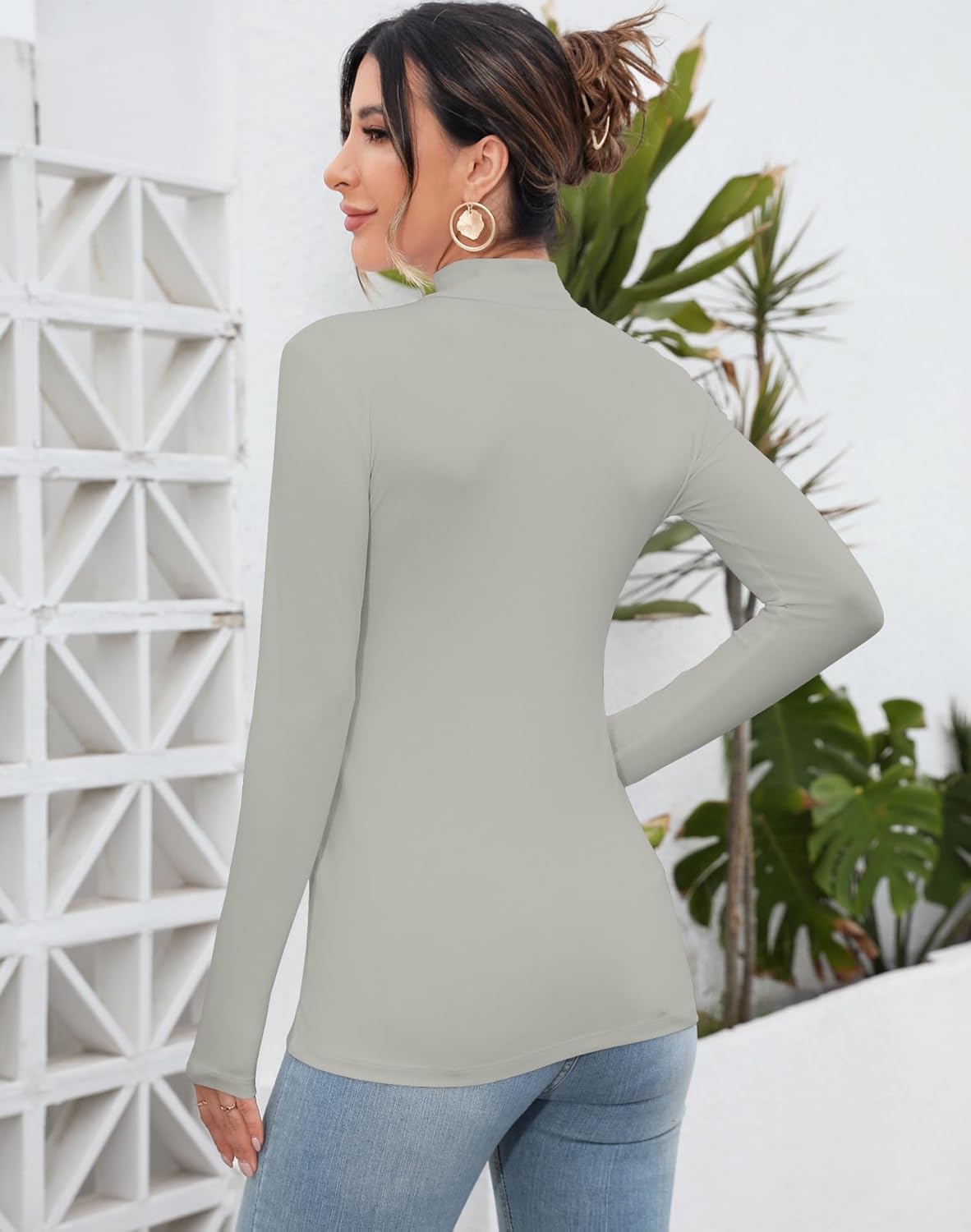 MANGDIUP Women's Mock Turtleneck Long Sleeve Sleeveless Tops Basic Slim T-Shirts