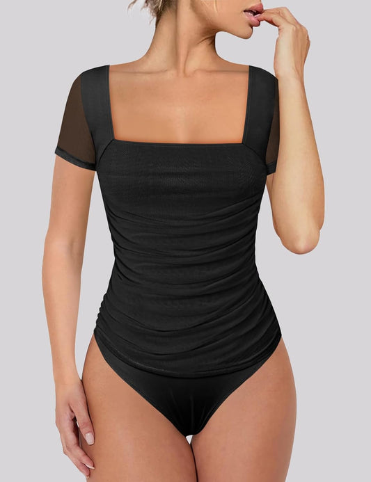 Chunpin Women's Mesh Square Neck Bodysuit Short Sleeve Long Sleeve Outfits Tops Thong Bodysuit