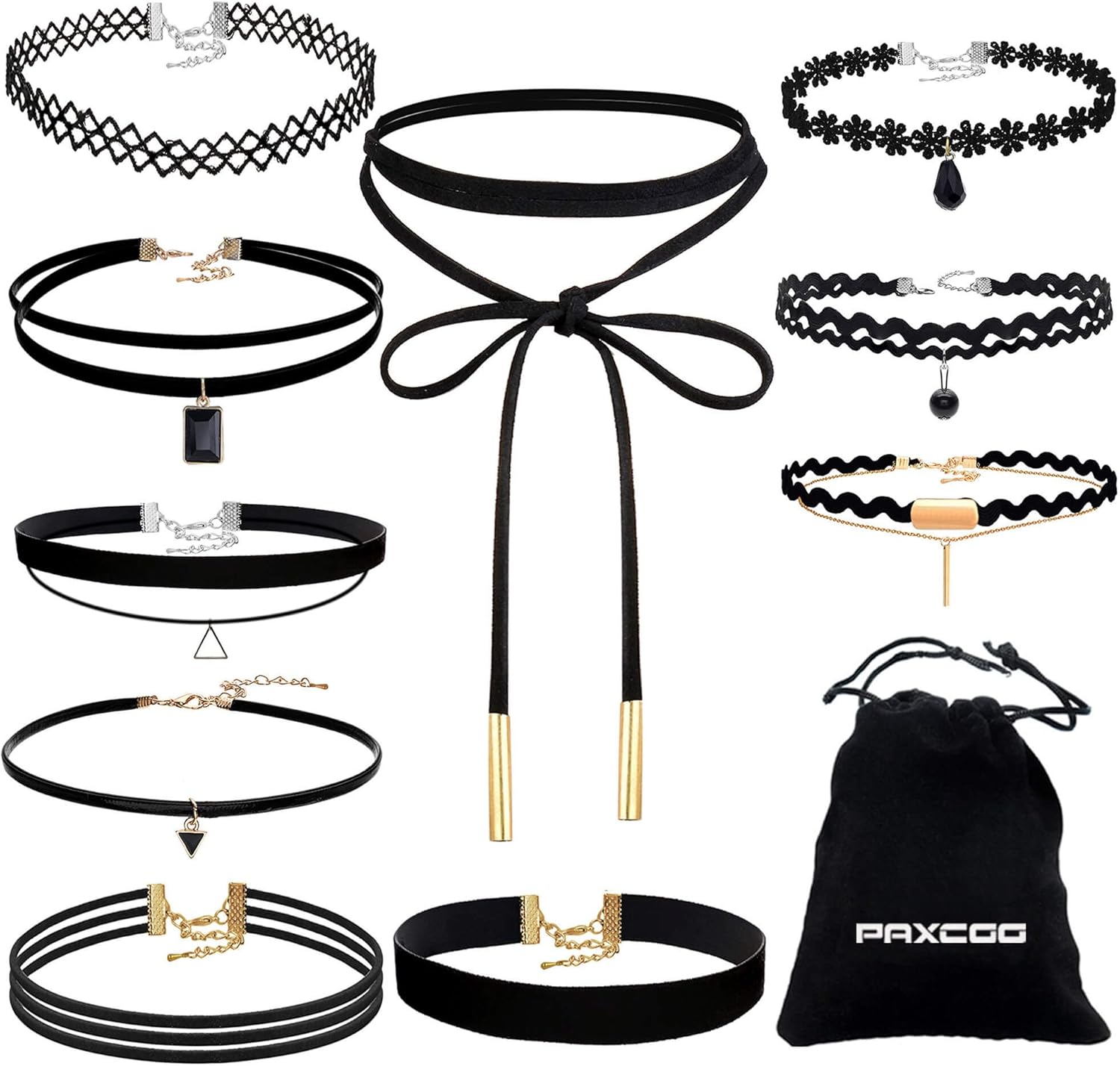 PAXCOO 10PCS Black Velvet Choker Necklaces with A Stroage Bag for Women