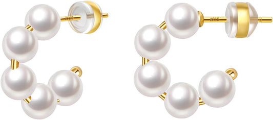 Pearl Hoop Earrings for Women Small Pearl Hoop Earrings Gold Plated Lightweight Open Large Circle Round Pearl Earrings Jewelry Birthday Gift for Women