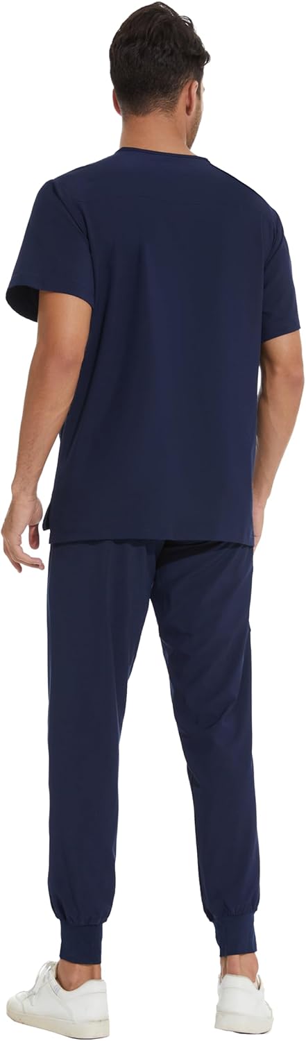 COZYFIT Men Scrubs Set — Stretch V-Neck Scrub Top & Jogger Pant with 8 Pockets, Yoga Waistband, Anti-Wrinkle Scrubs for Men