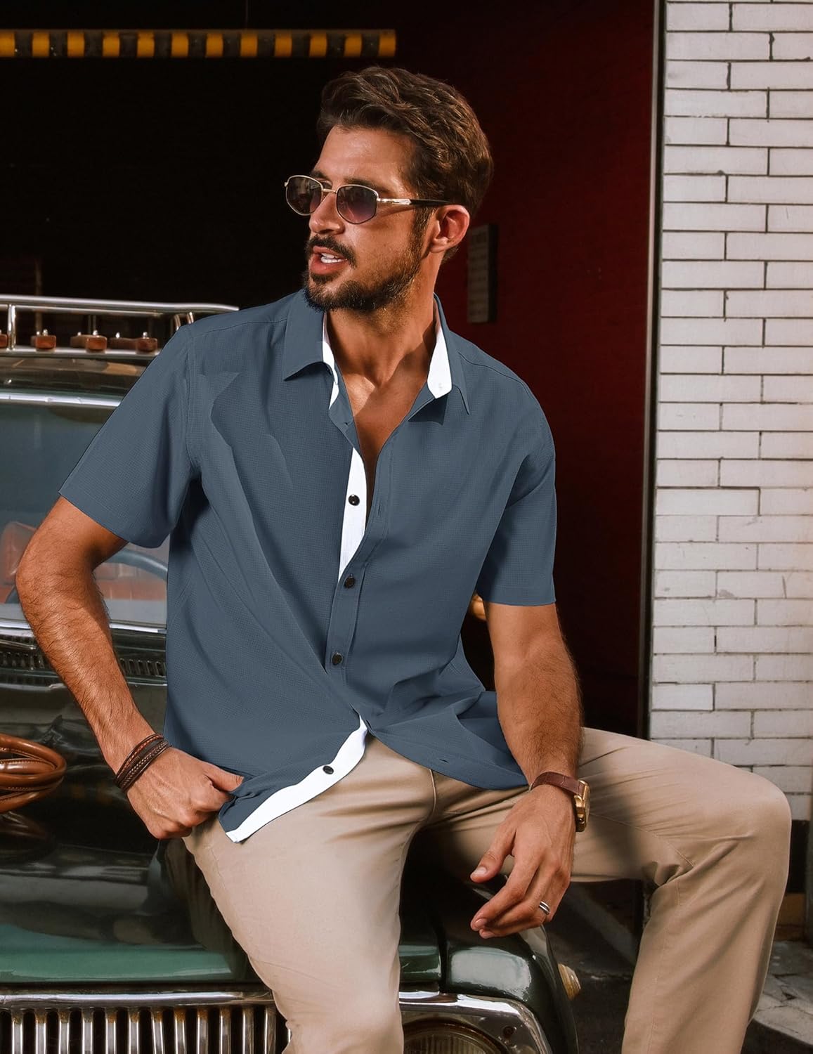 PJ PAUL JONES Mens Short Sleeve Button Down Shirts Casual Stylish Wrinkle-Free Untuckit Dress Shirt