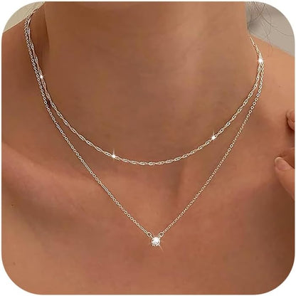 Tewiky Diamond Necklaces for Women, Dainty S925 Sterling Silver/ 14K Gold Choker Necklace Simple Silver CZ Jewelry Necklaces for Women Trendy Gifts