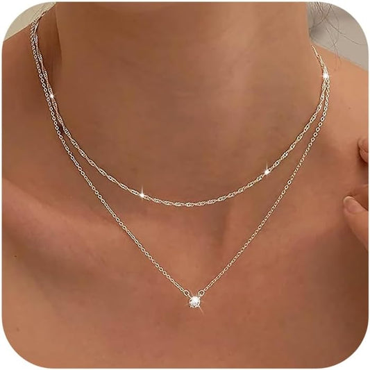 Tewiky Diamond Necklaces for Women, Dainty S925 Sterling Silver/ 14K Gold Choker Necklace Simple Silver CZ Jewelry Necklaces for Women Trendy Gifts
