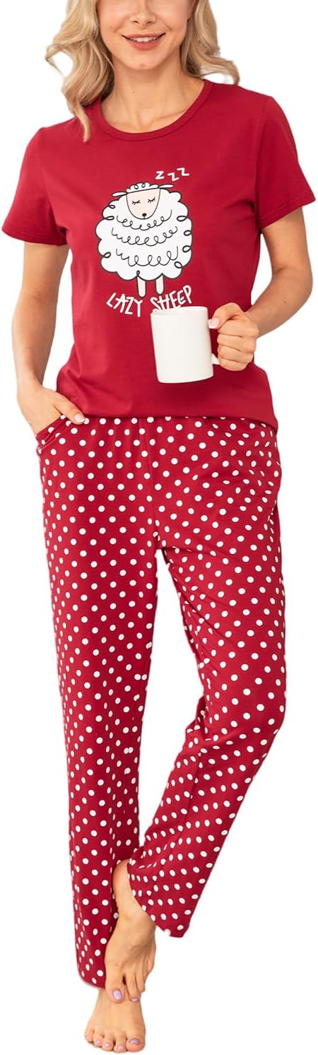 EISHOPEER Women's Pajama Set Printed Short Sleeve Top & Long Pants Sleepwear Pjs Sets