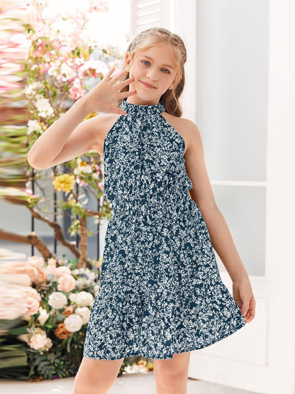 Floral Girls Dresses Age 5-14 Years Kids Summer Outfits Casual Halter Sleeveless Cute Short Sun Dresses