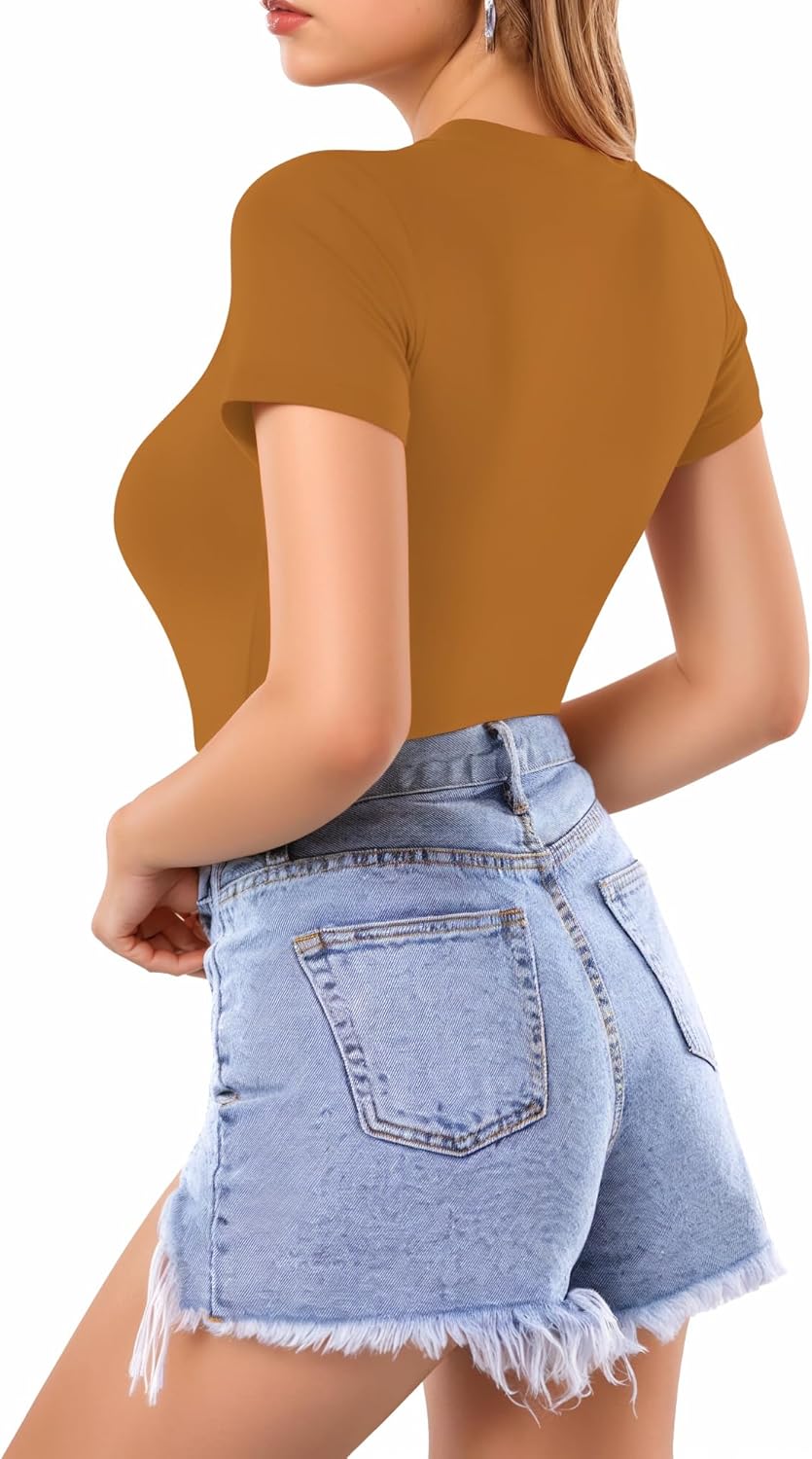 MANGOPOP Women's Round Neck Short Sleeve Bodysuit T Shirts Basic Body Suit Tops