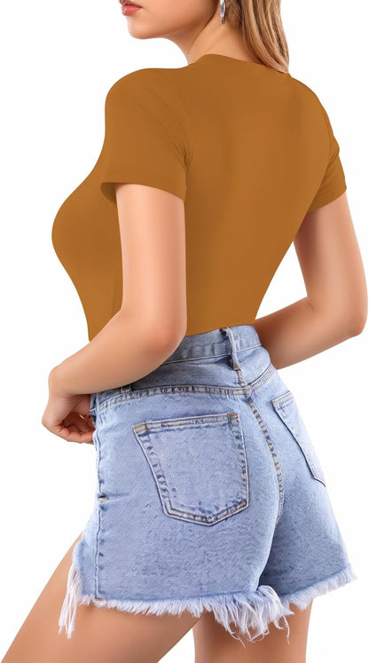 MANGOPOP Women's Round Neck Short Sleeve Bodysuit T Shirts Basic Body Suit Tops