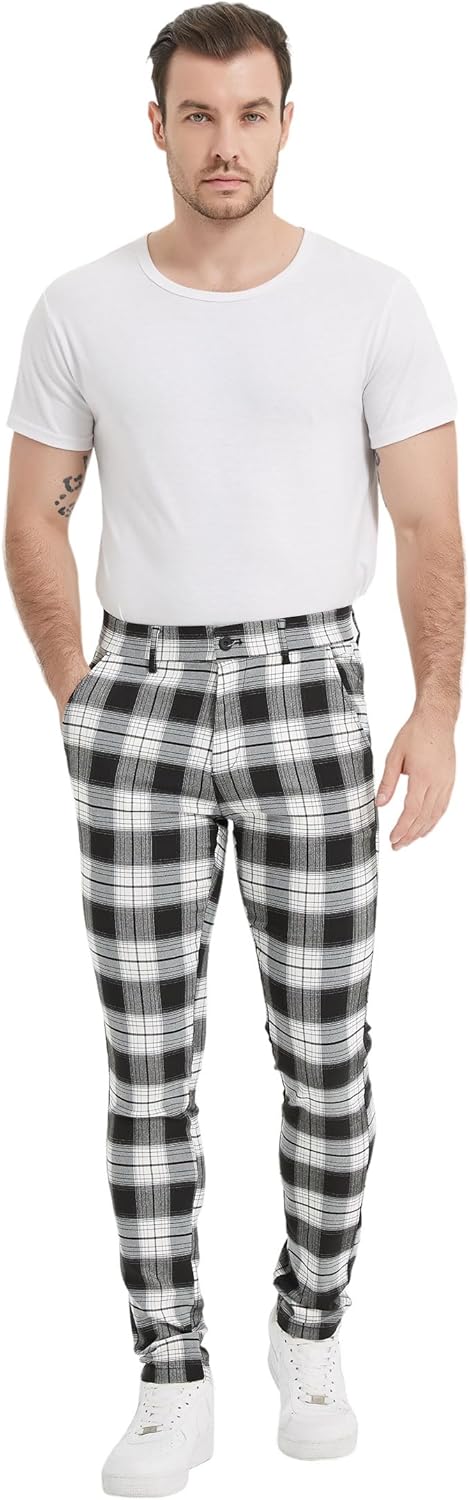 Plaid&Plain Men's Plaid Pants Skinny Dress Pants for Men Skinny Chino Pants Men