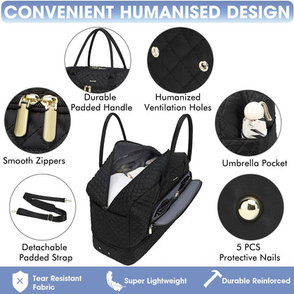 Large Women Travel Duffle Bag - Carry on Overnight Bag Weekend Travel Duffel Tote Bag Yoga Gym Bag with Wet Pocket Toiletry Weekender Overnight Bag for Travel Business Trips Sport Hospital Black