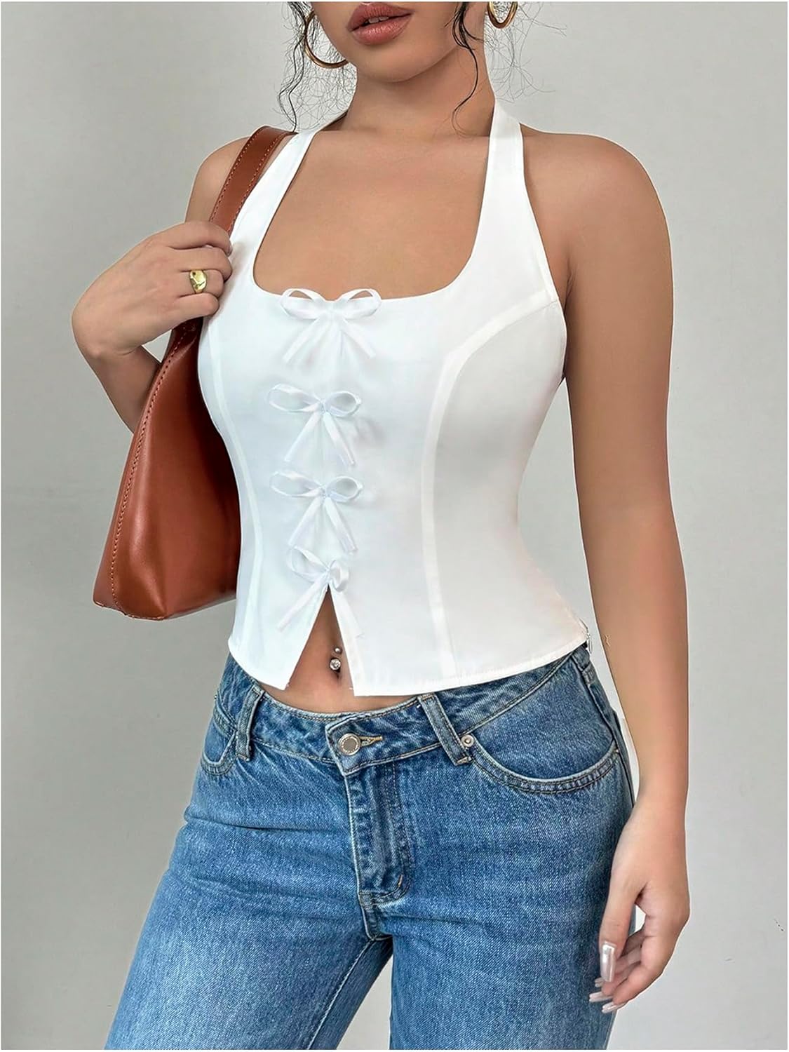 SHENHE Women's Cute Bow Front Crop Halter Top Sleeveless Backless Slit Y2k Top Vest