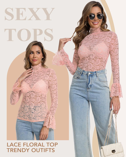 Women's Long Sleeve Lace Mesh Tops High Neck Sheer Blouse Sexy Floral Going Out Top