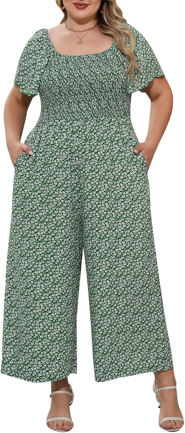 Nemidor Womens Plus Size Casual Long Pant Jumpsuits Summer Print Ruffle Sleeve Smocked Waisted Romper with Pocket 16-26
