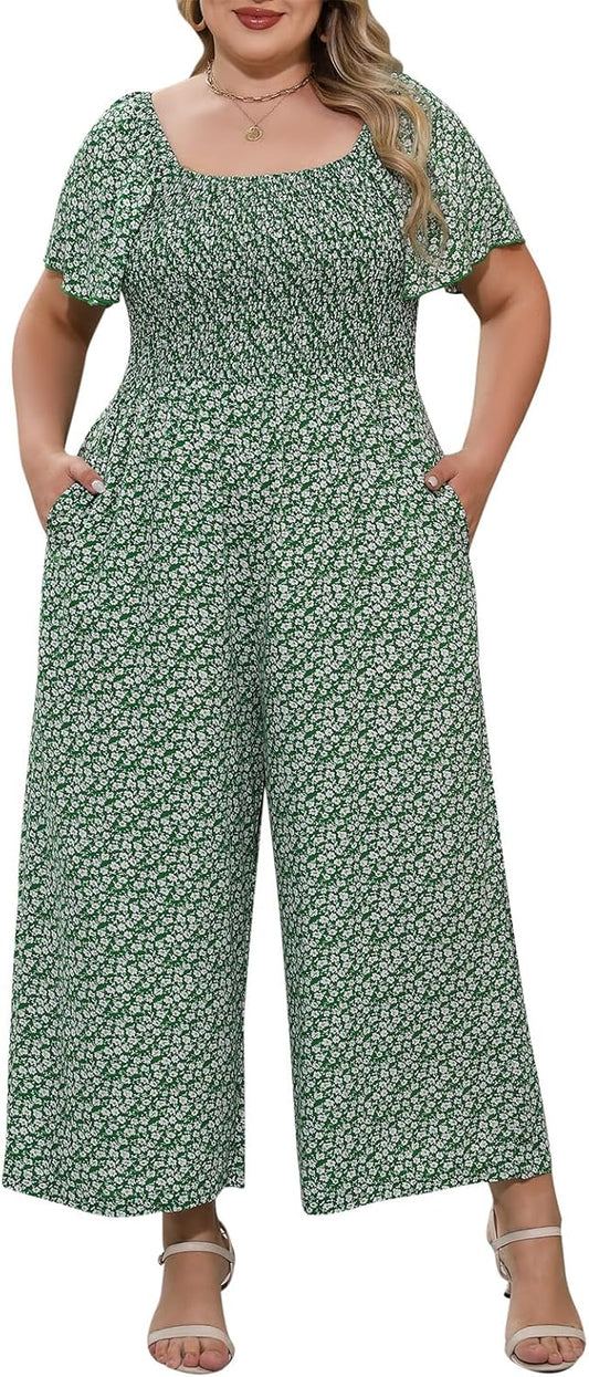 Nemidor Womens Plus Size Casual Long Pant Jumpsuits Summer Print Ruffle Sleeve Smocked Waisted Romper with Pocket 16-26