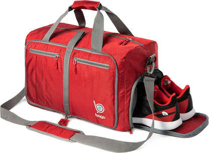 Bago Foldable Duffel Bags for Traveling Women & Men - 40L Sports Packable Duffle Bag for Travel with Shoe Compartment - Water Repellant, Heavy Duty, Lightweight Folding & Collapsible (Red)