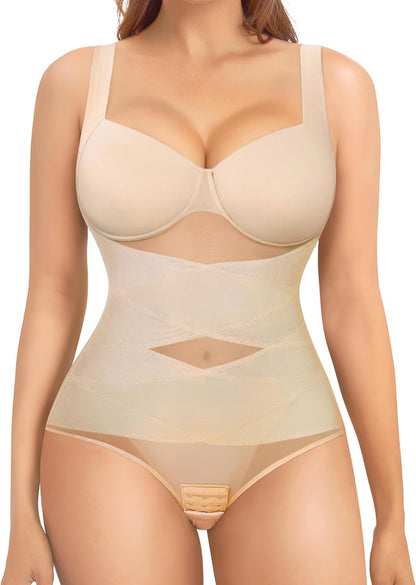 Nebility Shapewear Bodysuit for Women Tummy Control Waist Trainer Backless Body Shaper V-Neck with Built in Bra