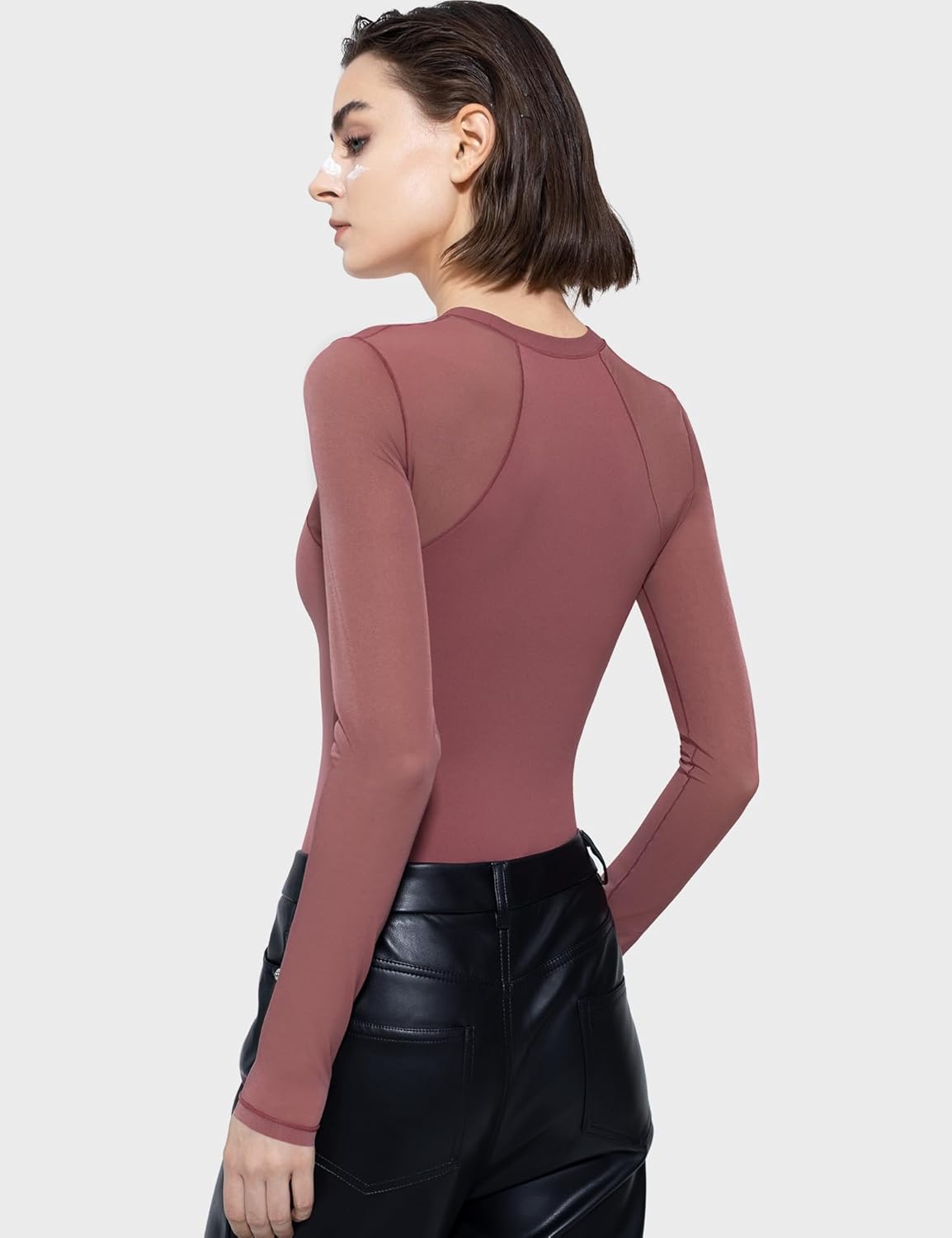 PUMIEY Mesh Long Sleeve Bodysuit for Women Crew Neck Body Suits Sexy Sheer Tops Smoke Cloud Collection