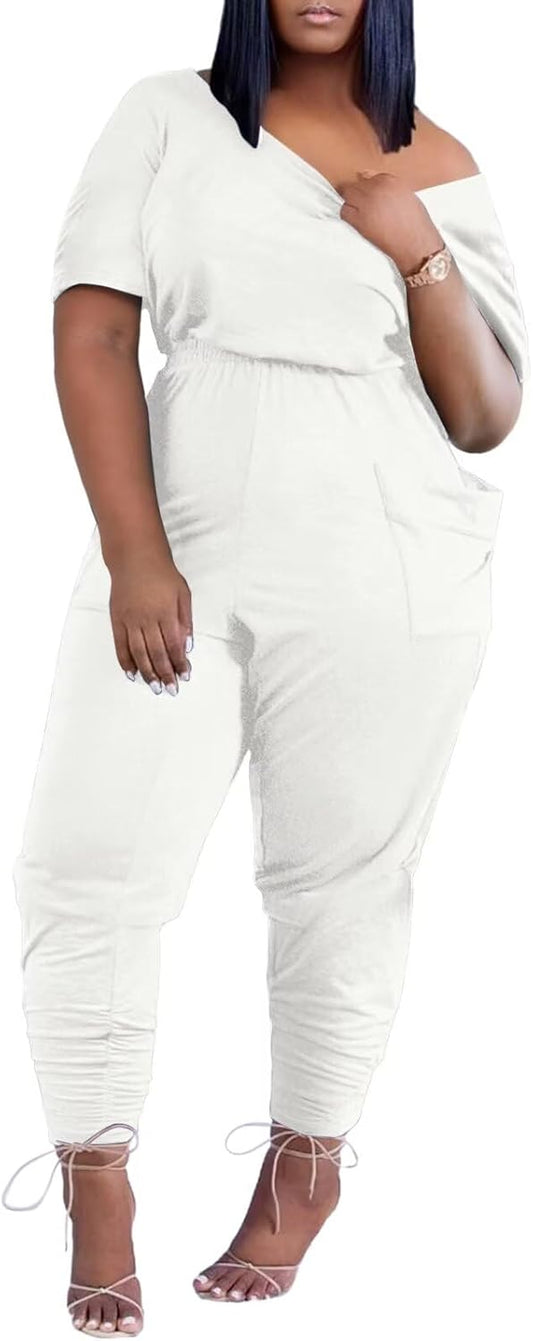 acelyn Casual One Piece Loose Jumpsuit for Women Summer Plus Size Overalls Off Shoulder Pockets Romper