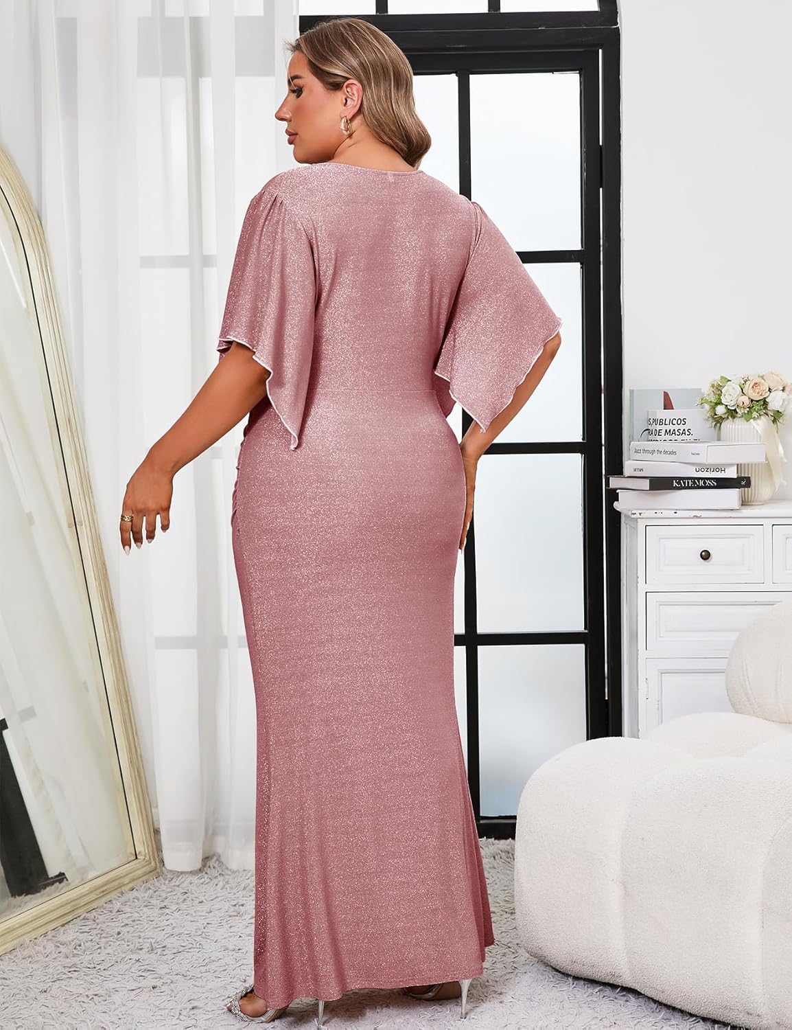 ZOMVA Plus Size Maxi Sparkly Dress Formal Evening Gown Cocktail Prom Glitter V-Neck Wrap Handkerchief Sleeves
