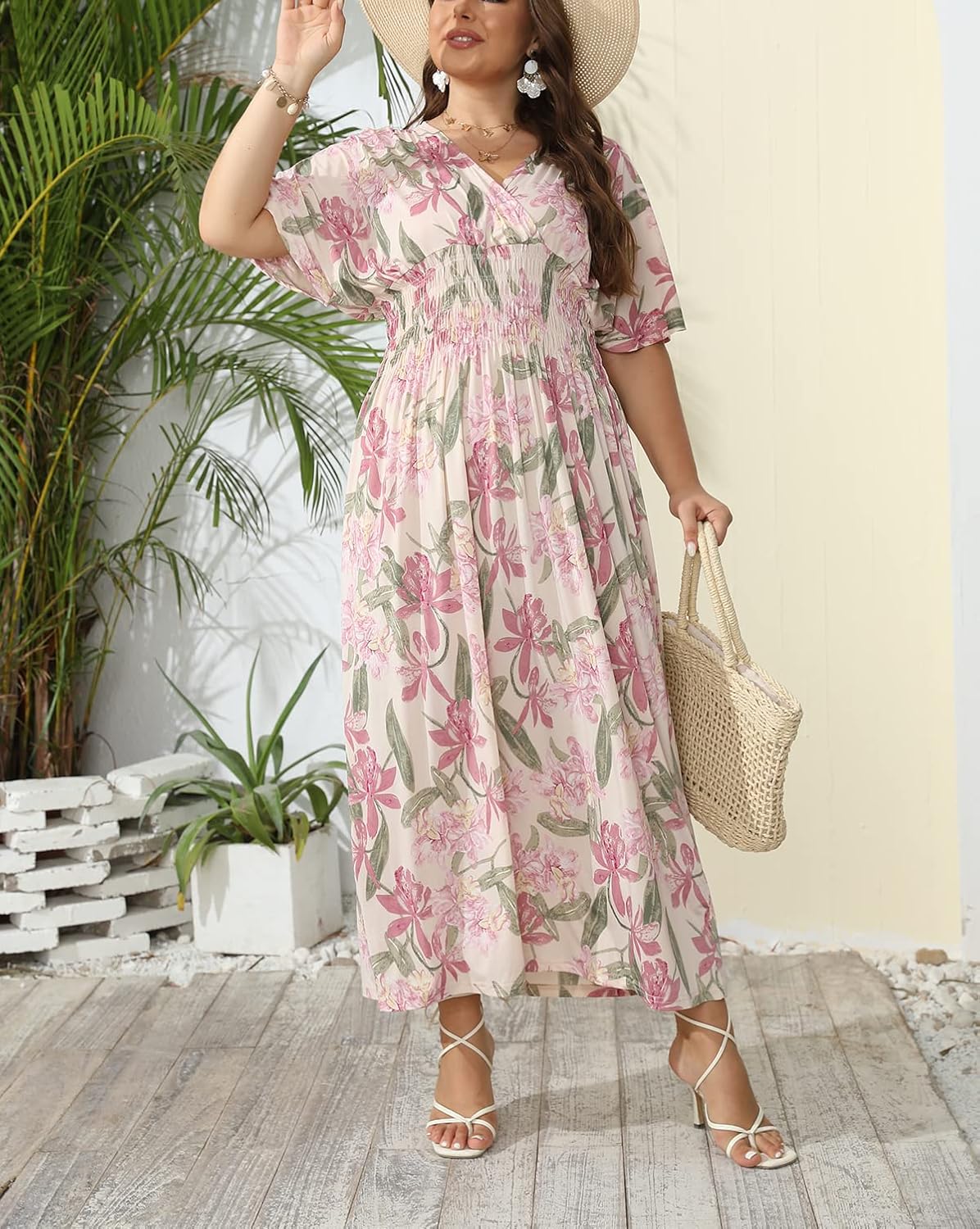 OSTOO Women's Plus Size Hawaii Empire Waist Bat Short Sleeve Casual Floral Print Boho Maxi Dress