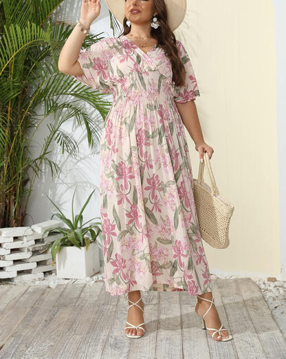 OSTOO Women's Plus Size Hawaii Empire Waist Bat Short Sleeve Casual Floral Print Boho Maxi Dress
