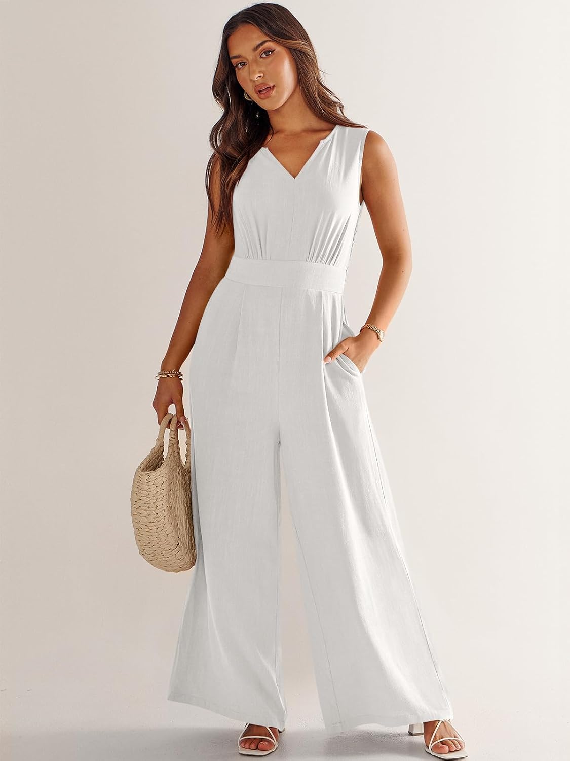 ANRABESS Jumpsuits for Women Summer Dressy Casual Linen Romper Sleeveless V Neck High Waist Wide Leg Beach Vacation Outfits