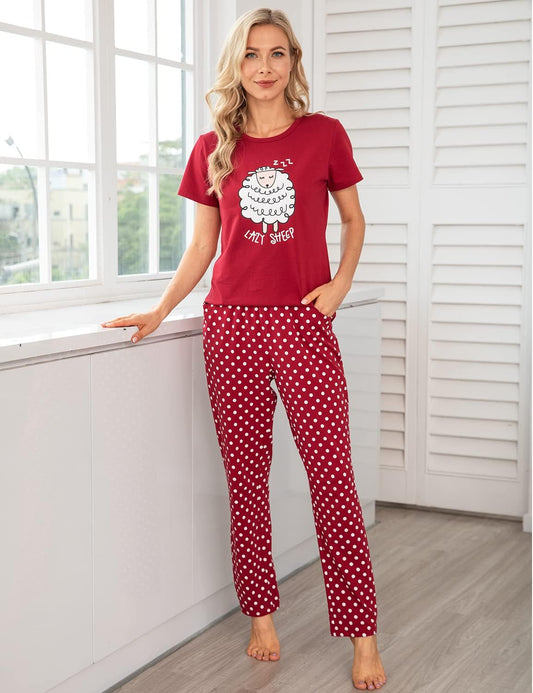 EISHOPEER Women's Pajama Set Printed Short Sleeve Top & Long Pants Sleepwear Pjs Sets