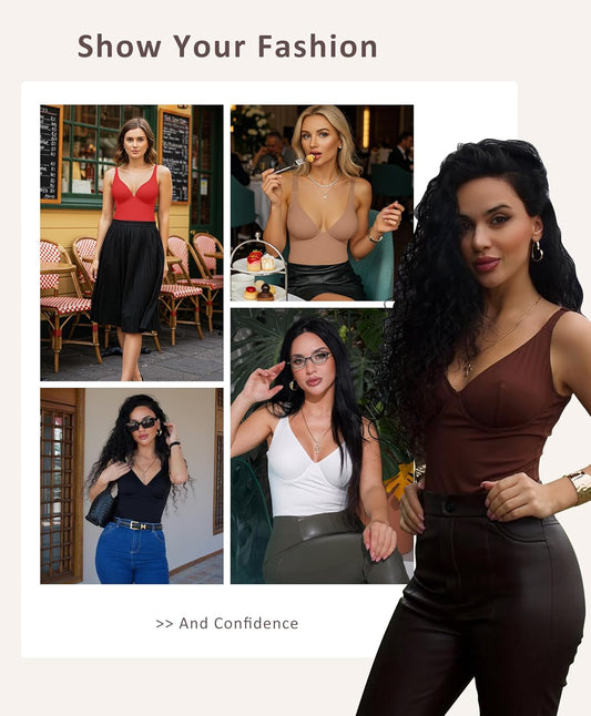 FeelinGirl Shapewear Bodysuits for Women Tummy Control Body Suits Deep V Neck Corset Body Shaper Tops