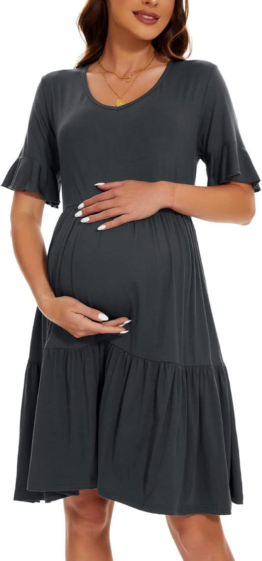 Smallshow Women's Maternity Dress Ruffle Short Sleeve Pregnancy Clothes Summer
