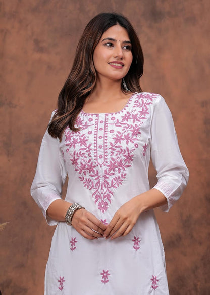JG JAI GOVINDAM Indian Hand Embroidered Kurti for Women Chikankari Straight Cotton Long Kurti's Tunic Kurta Dreses for Women