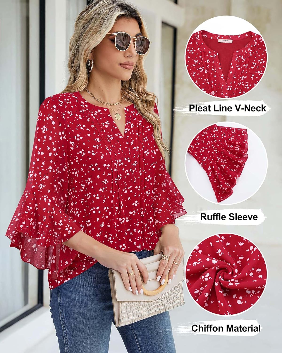 Timeson Women's 3/4 Sleeve Tops Dressy Casual Business Work Blouses Chiffon Shirts