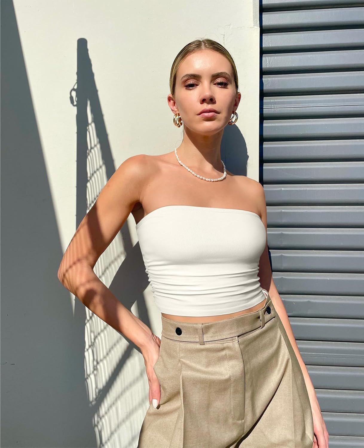 OQQ Womens 2 Piece Tube Tops Strapless Basic Sleeveless Stretch Classic-Fit Shirts Sexy Crop Tops