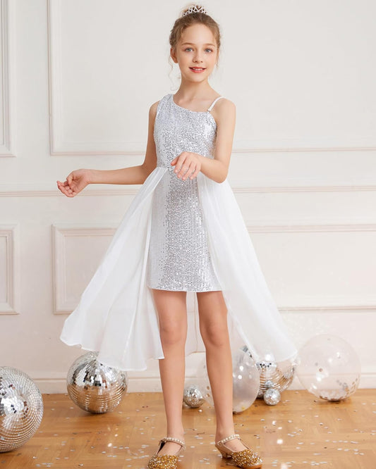GRACE KARIN Girls Sequin Dress for Teens One Shoulder Formal Birthday Party Wedding Pageant Prom Fancy Dresses 6-14Y
