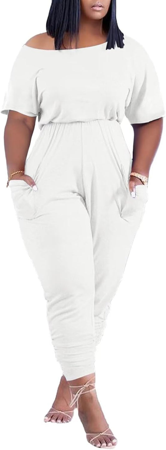acelyn Casual One Piece Loose Jumpsuit for Women Summer Plus Size Overalls Off Shoulder Pockets Romper
