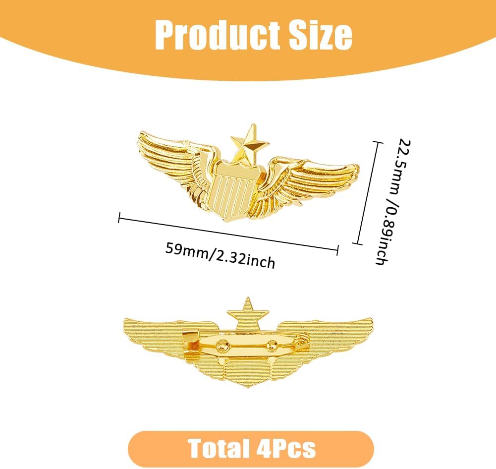 SUPERFINDINGS 4Pcs Wings Pin Alloy Gold Wing Pilot Badge 2.32'' Costume Lapel Pins Brooch Air Force Wing Pins Metal Aviator Wings Pin for Hat Shirt Uniform Pilot Costume