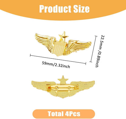 SUPERFINDINGS 4Pcs Wings Pin Alloy Gold Wing Pilot Badge 2.32'' Costume Lapel Pins Brooch Air Force Wing Pins Metal Aviator Wings Pin for Hat Shirt Uniform Pilot Costume