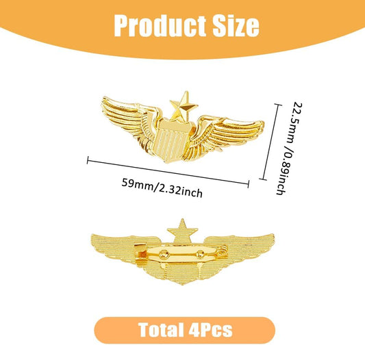 SUPERFINDINGS 4Pcs Wings Pin Alloy Gold Wing Pilot Badge 2.32'' Costume Lapel Pins Brooch Air Force Wing Pins Metal Aviator Wings Pin for Hat Shirt Uniform Pilot Costume