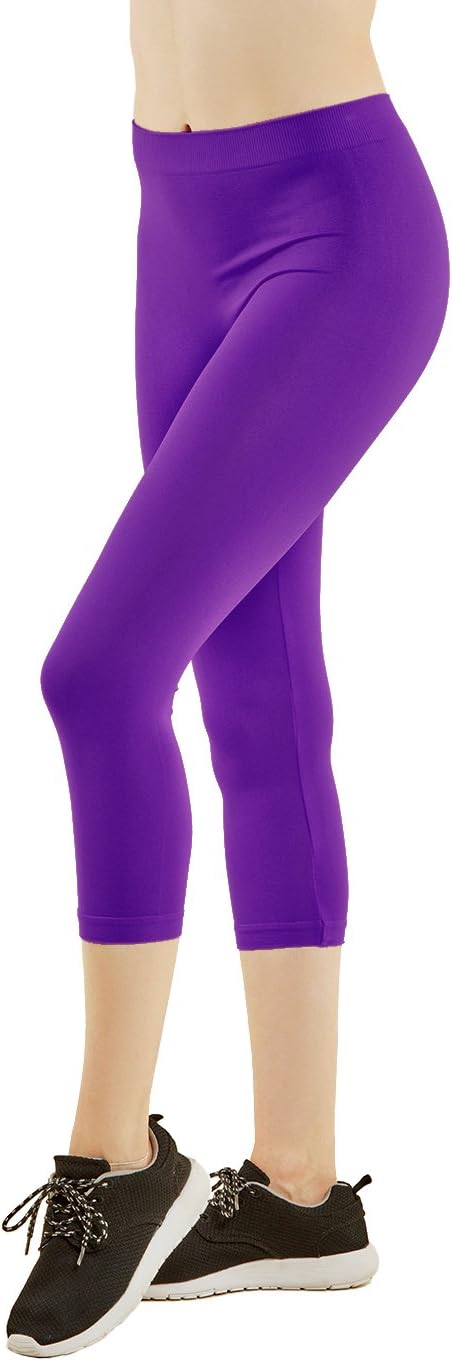 Leggings - Women's Ribbed Waistband Capri Length Plain Leggings - Purple