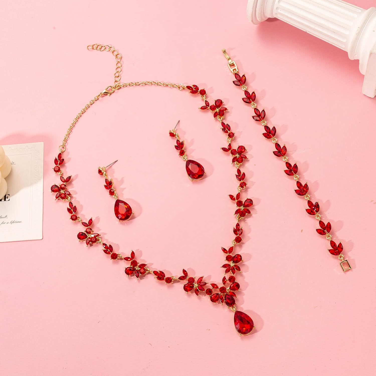 Bridal Wedding Elegant Floral Jewelry Set for Women/Brides/Bridesmaids Crystal Jewelry Set for Wedding Prom Party Bridal Crystal Necklace Earrings Bracelet Set
