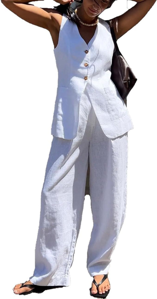 Melliflo Womens Summer Long Linen Vest Casual Sleeveless V Neck Button Down Tops Casual Summer Vest with Pocket